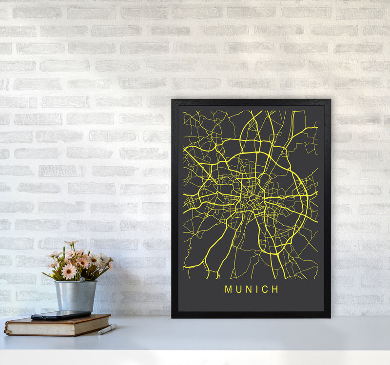 Munich Map Neon Art Print by Pixy Paper A2 White Frame