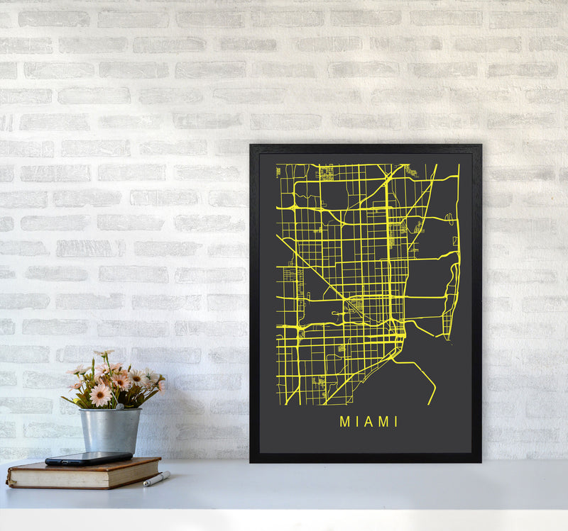 Miami Map Neon Art Print by Pixy Paper A2 White Frame