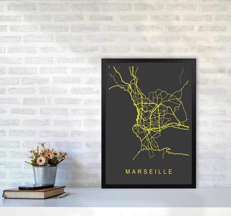Marseille Map Neon Art Print by Pixy Paper A2 White Frame