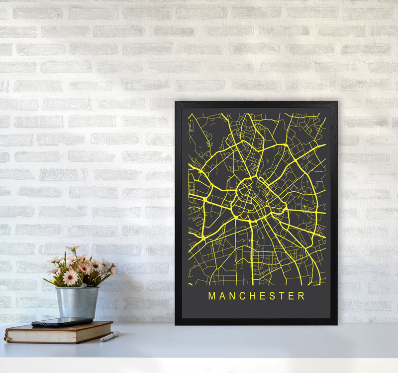 Manchester Map Neon Art Print by Pixy Paper A2 White Frame