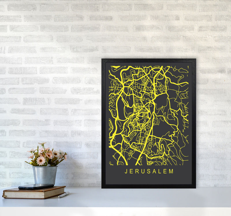 Jerusalem Map Neon Art Print by Pixy Paper A2 White Frame