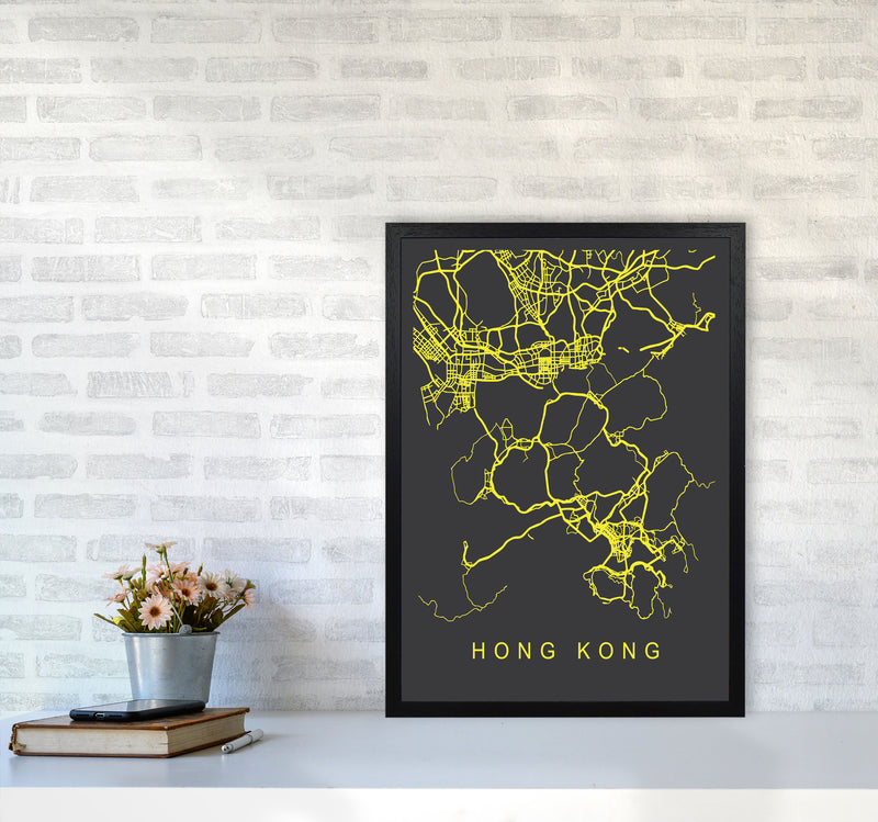 Hong Kong Map Neon Art Print by Pixy Paper A2 White Frame