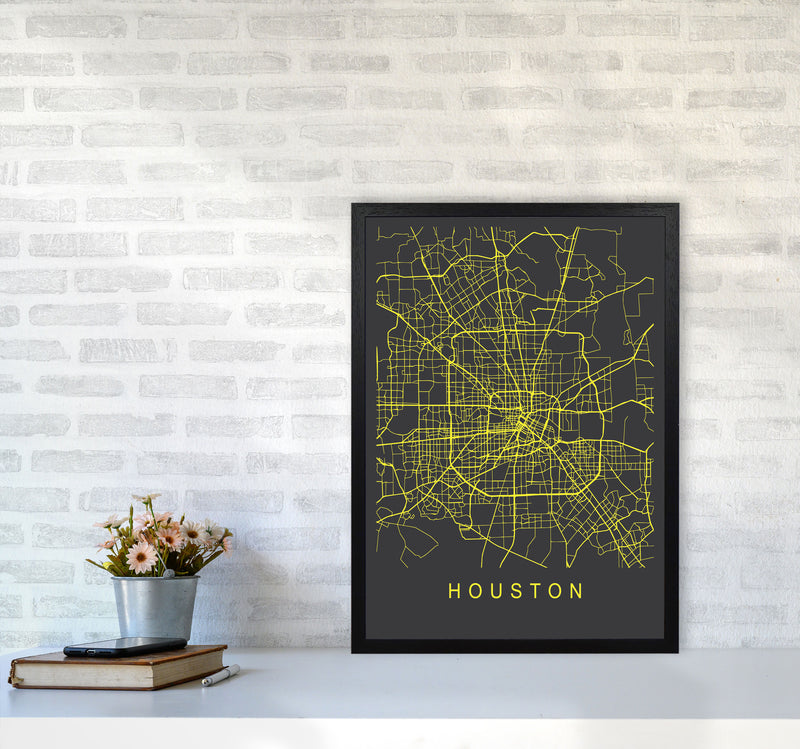 Houston Map Neon Art Print by Pixy Paper A2 White Frame