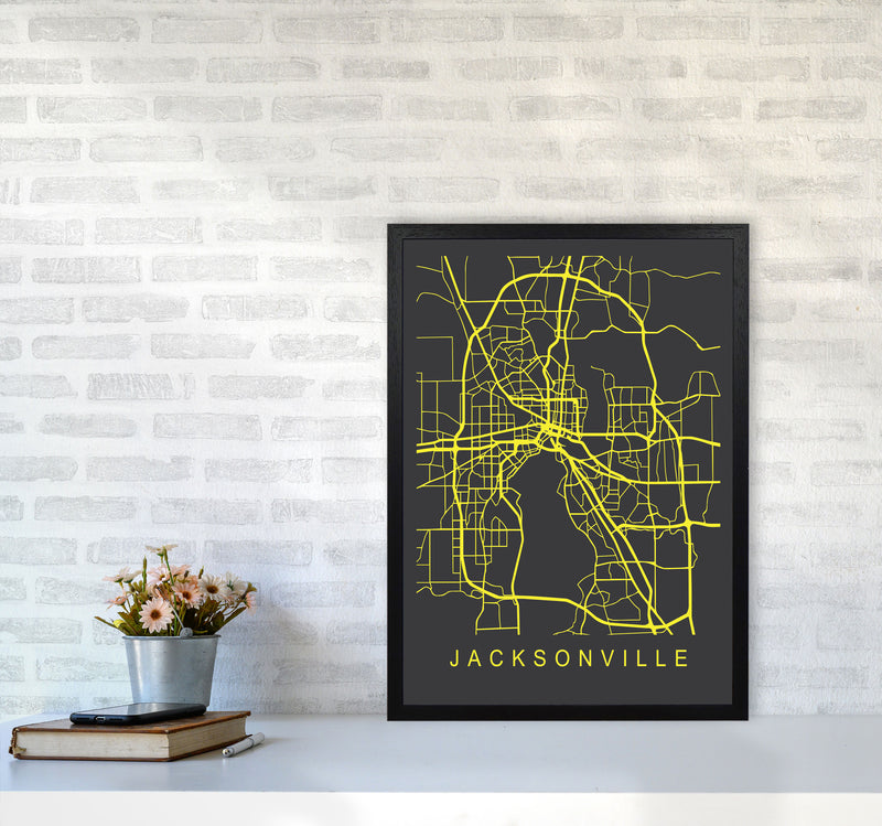 Jacksonville Map Neon Art Print by Pixy Paper A2 White Frame