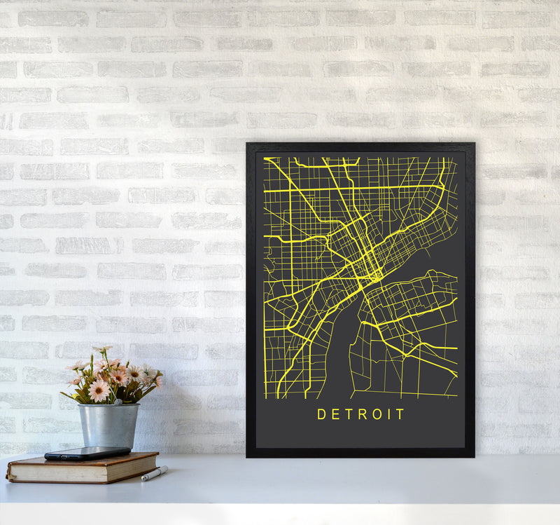 Detroit Map Neon Art Print by Pixy Paper A2 White Frame