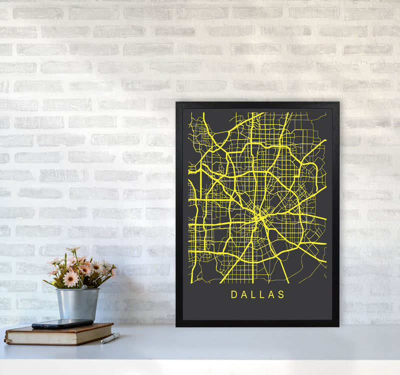 Dallas Map Neon Art Print by Pixy Paper A2 White Frame