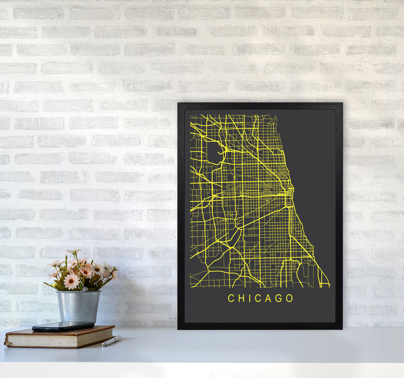 Chicago Map Neon Art Print by Pixy Paper A2 White Frame