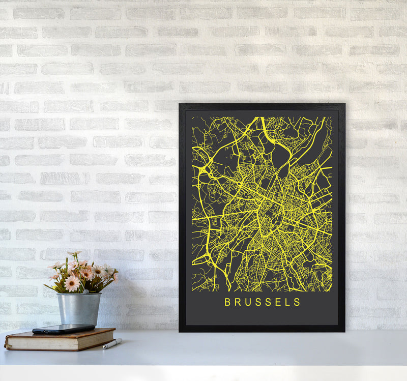 Brussels Map Neon Art Print by Pixy Paper A2 White Frame