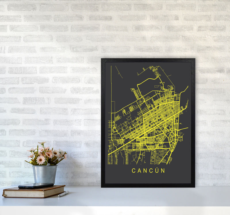 Cancun Map Neon Art Print by Pixy Paper A2 White Frame