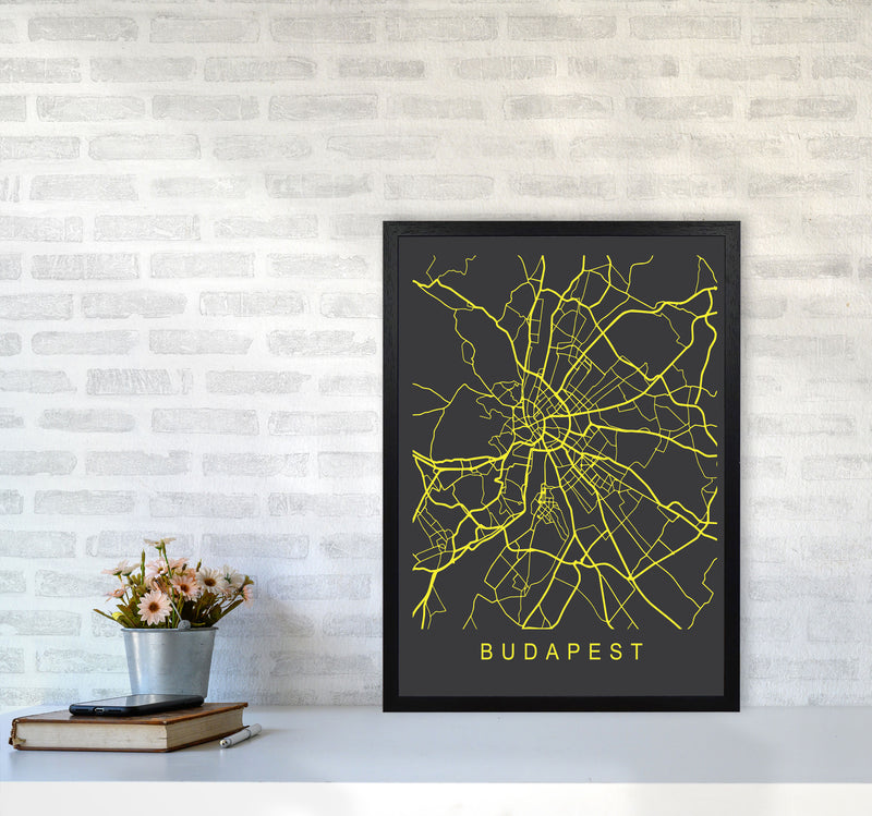 Budapest Map Neon Art Print by Pixy Paper A2 White Frame