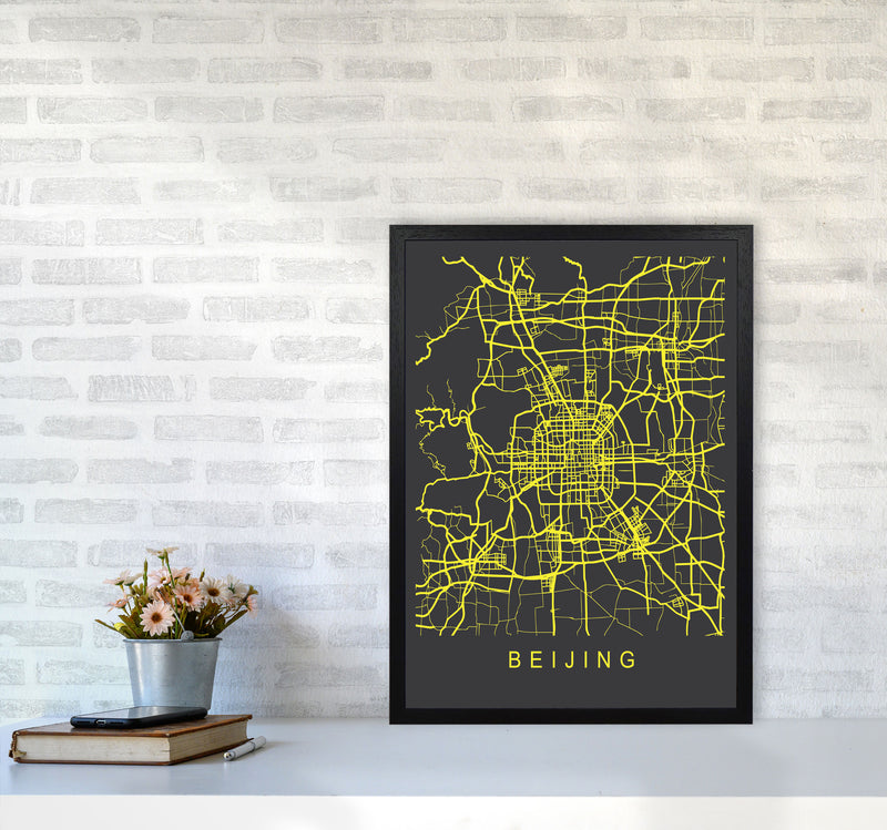 Beijing Map Neon Art Print by Pixy Paper A2 White Frame