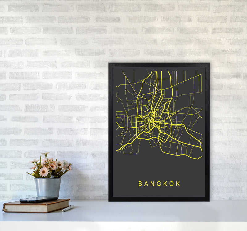 Bangkok Map Neon Art Print by Pixy Paper A2 White Frame