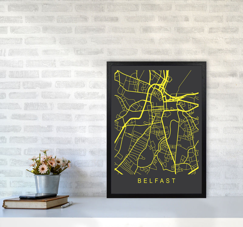 Belfast Map Neon Art Print by Pixy Paper A2 White Frame