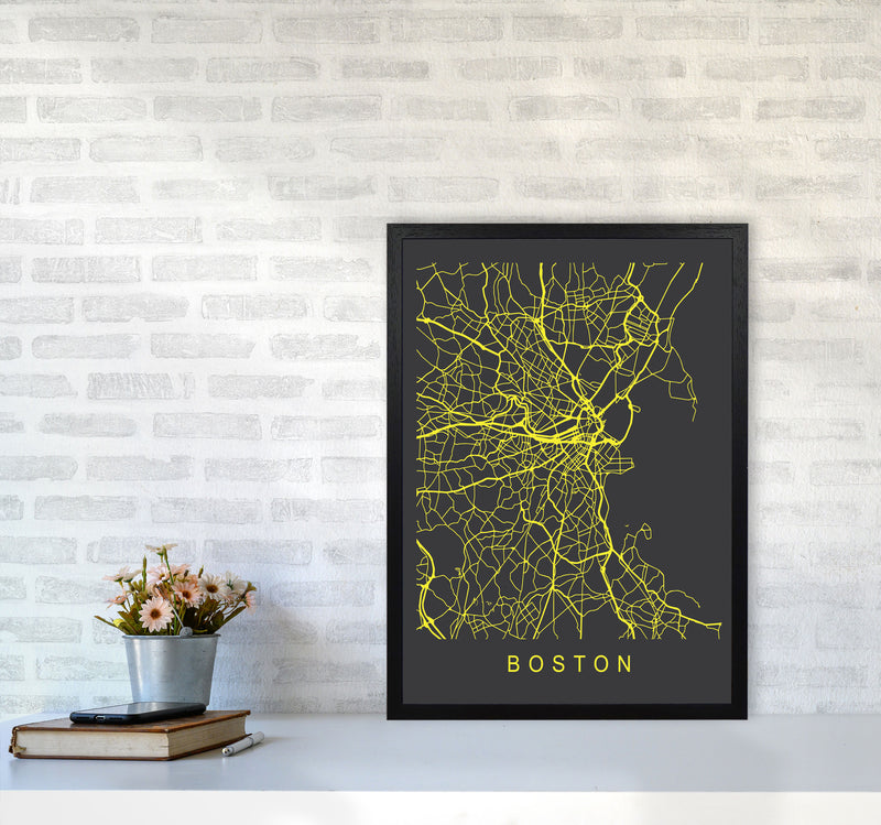 Boston Map Neon Art Print by Pixy Paper A2 White Frame