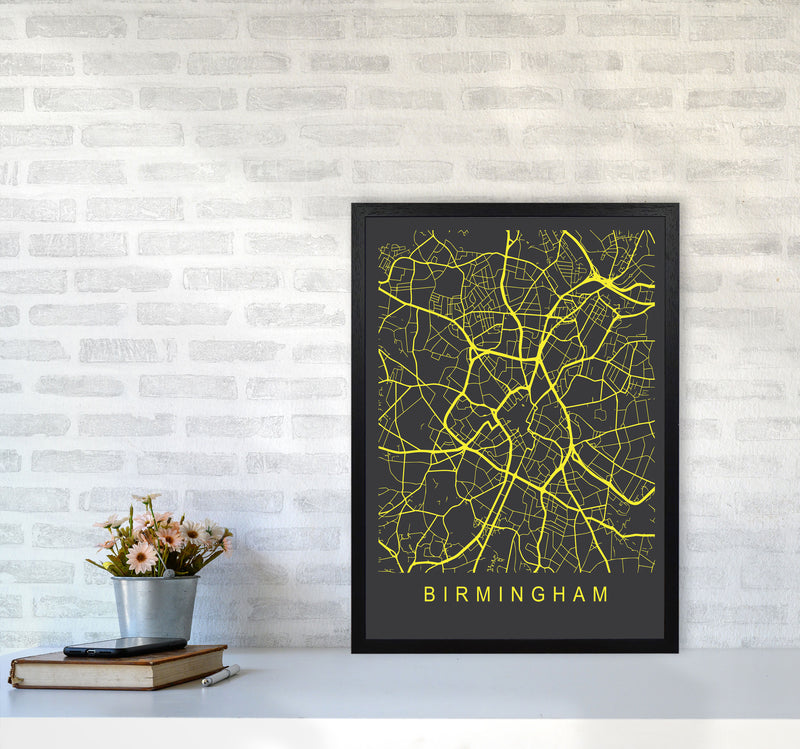 Birmingham Map Neon Art Print by Pixy Paper A2 White Frame