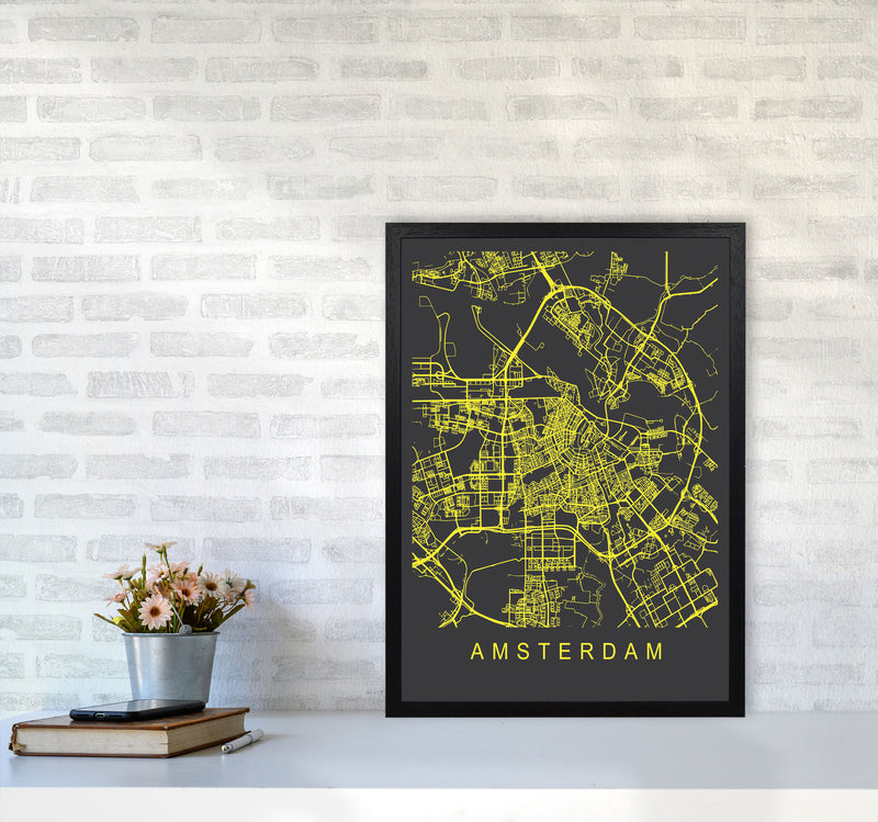 Amsterdam Map Neon Art Print by Pixy Paper A2 White Frame