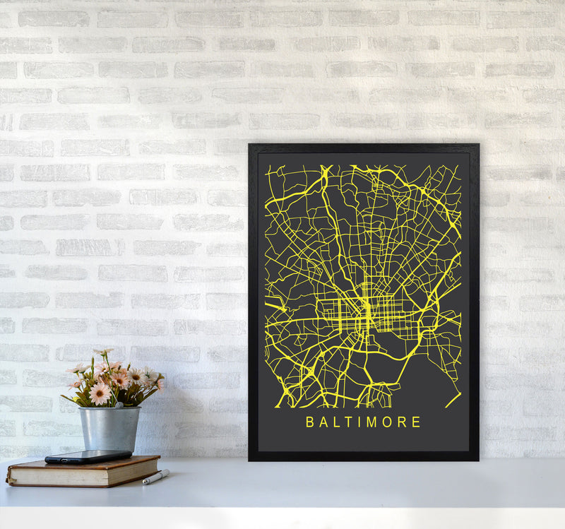Baltimore Map Neon Art Print by Pixy Paper A2 White Frame