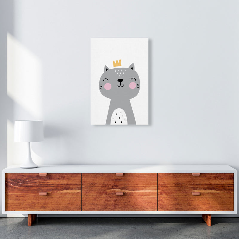 Grey Scandi Cat With Crown Modern Print Animal Art Print A2 Canvas