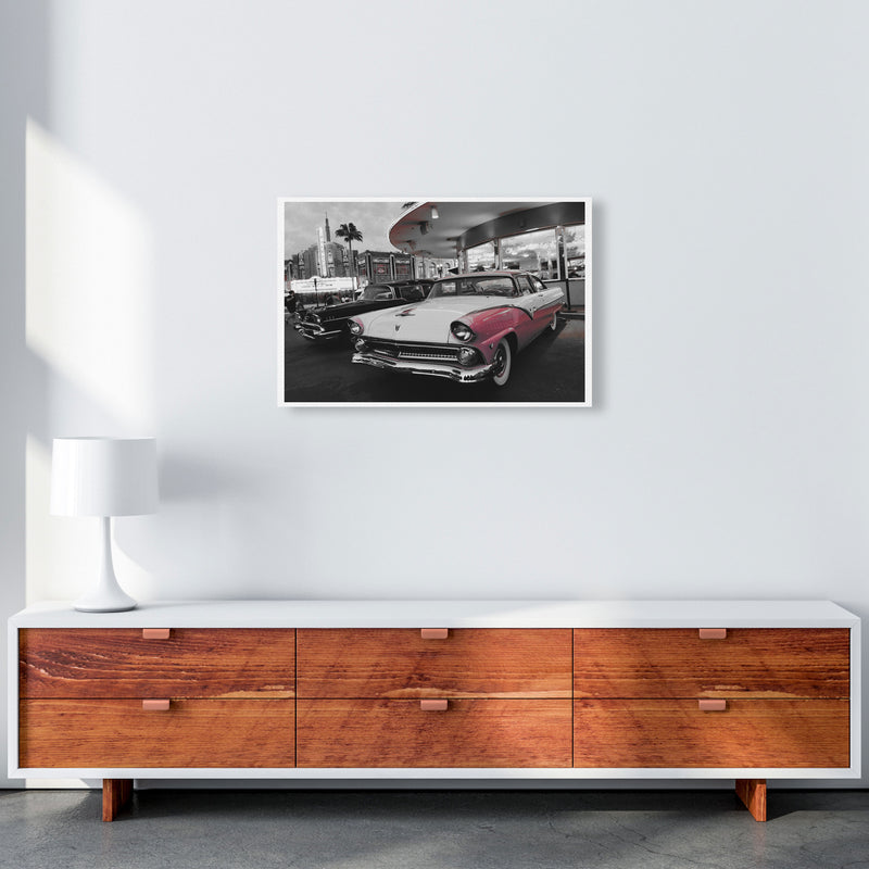 Vintage Pink And White Car Modern Print A2 Canvas