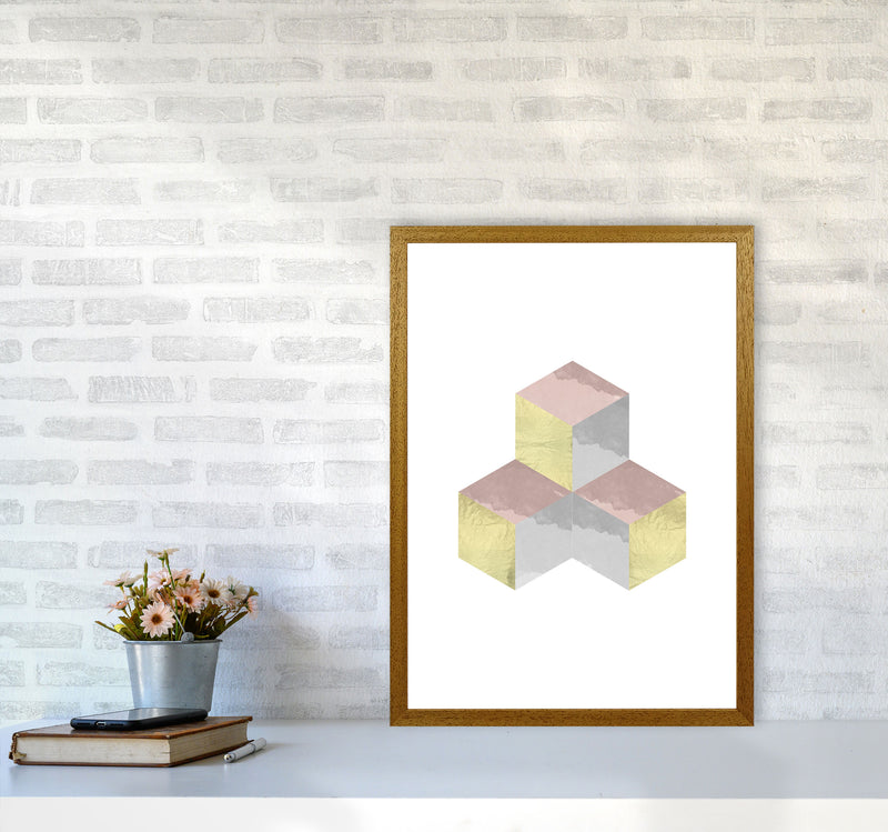Gold, Pink And Grey Abstract Cubes Modern Print A2 Print Only