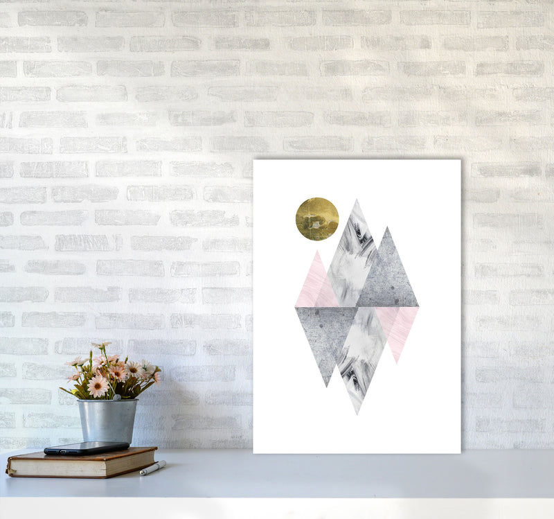 Pink And Grey Diamonds With Gold Moon Abstract Modern Print A2 Black Frame