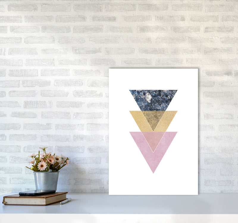 Blue, Gold And Pink Abstract Triangles Modern Print A2 Black Frame
