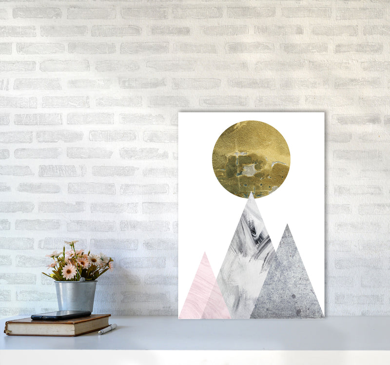Pink And Grey Mountains Abstract Modern Print A2 Black Frame
