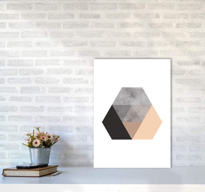 Peach And Black Abstract Hexagon Modern Print A2 Black Frame