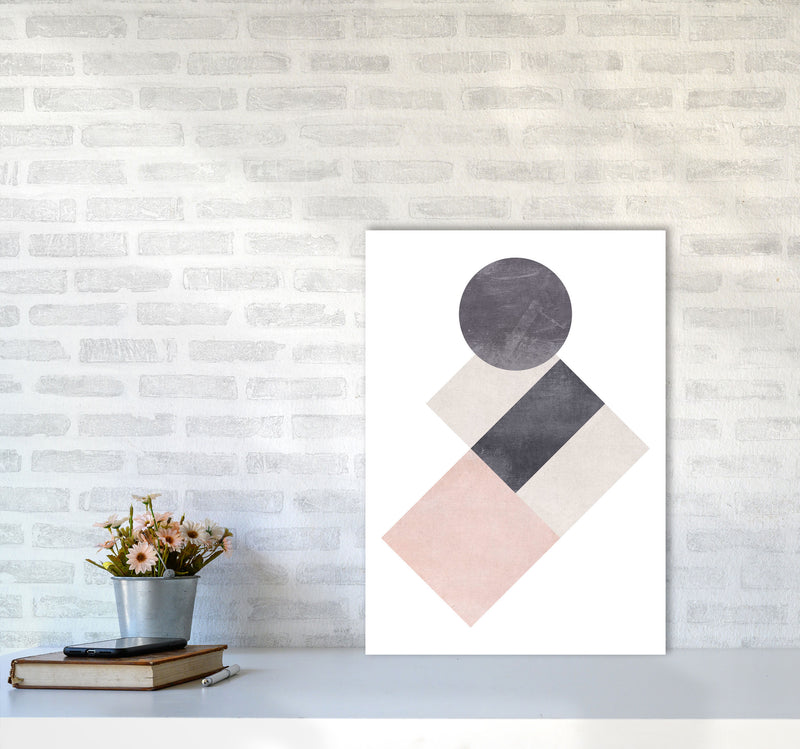 Cotton, Pink And Grey Abstract Squares And Circle Modern Print A2 Black Frame