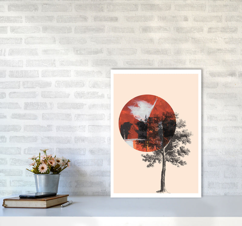 Red Sun And Tree Abstract Modern Print A2 Black Frame