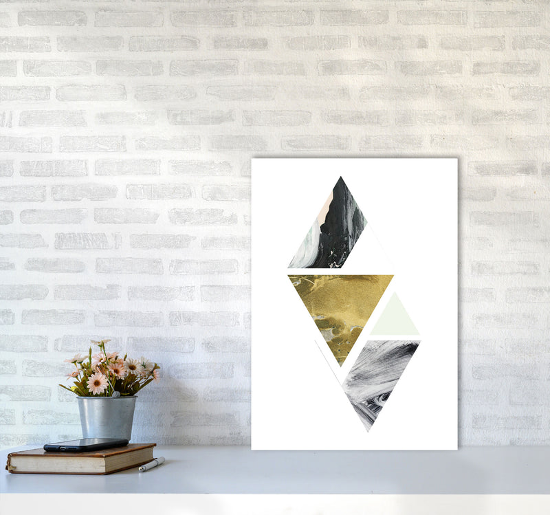 Textured Peach, Green And Grey Abstract Triangles Modern Print A2 Black Frame