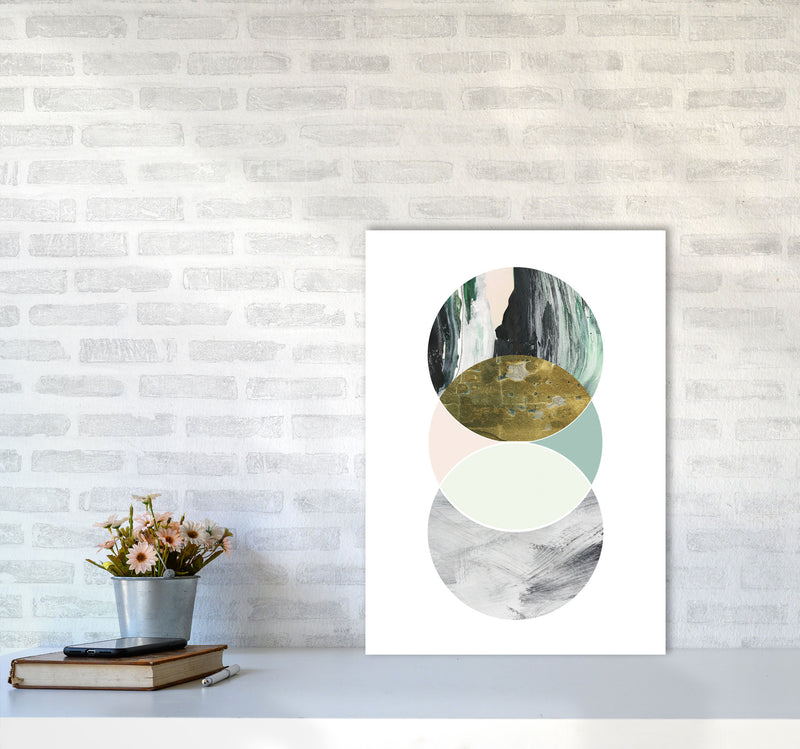 Textured Peach, Green And Grey Abstract Circles Modern Print A2 Black Frame