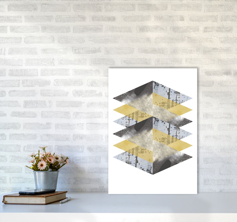 Scuff, Yellow And Grey Abstract Triangles Modern Print A2 Black Frame