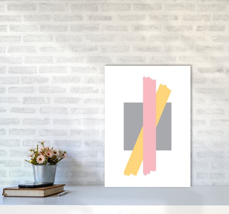 Grey Square With Pink And Yellow Bow Abstract Modern Print A2 Black Frame