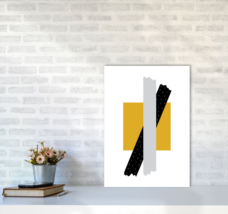 Yellow Square With Grey And Black Bow Abstract Modern Print A2 Black Frame