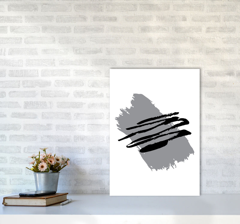 Grey Jaggered Paint Brush Abstract Modern Print A2 Black Frame