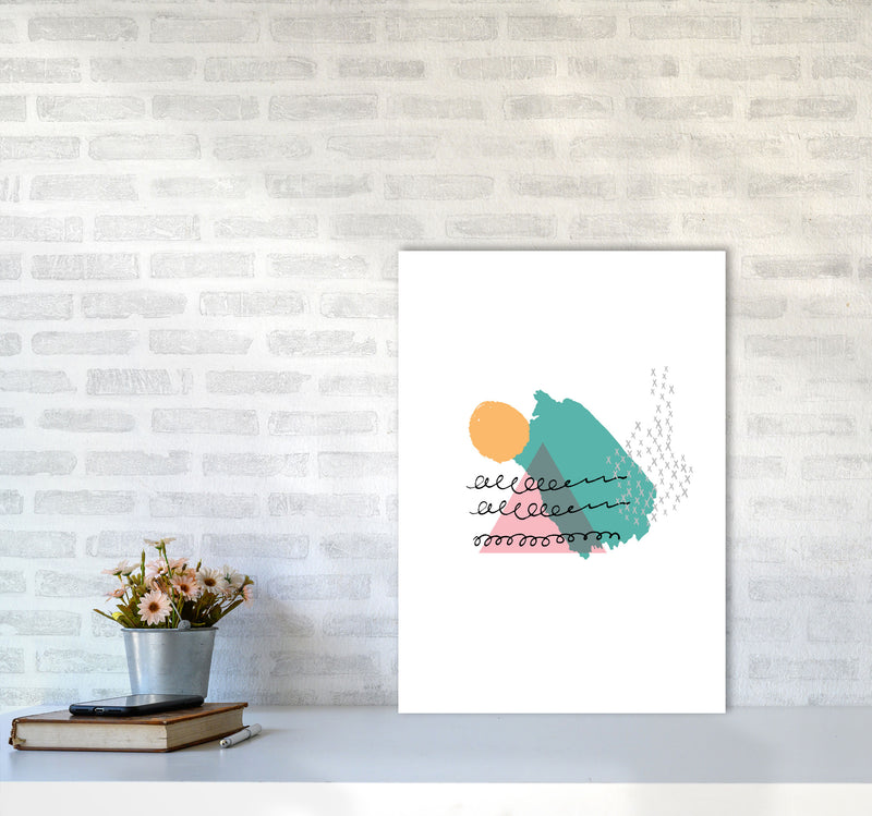 Pink And Teal Mountain Sun Abstract Modern Print A2 Black Frame