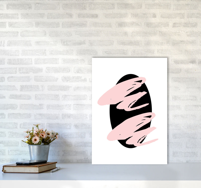 Abstract Black Oval With Pink Strokes Modern Art Print A2 Black Frame