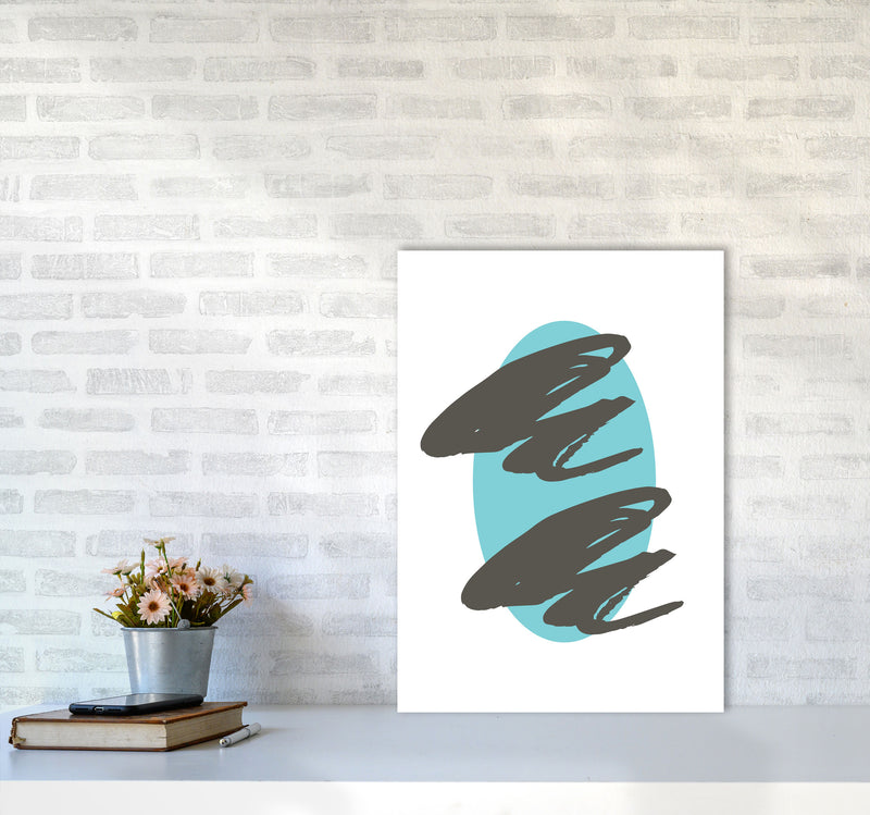 Abstract Teal Oval With Brown Strokes Modern Print A2 Black Frame