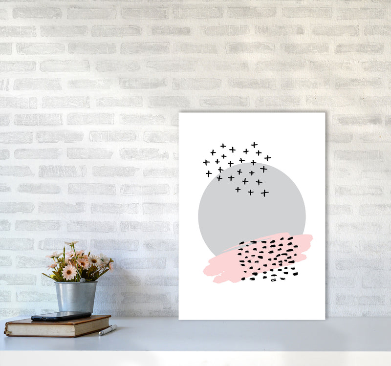 Abstract Grey Circle With Pink And Black Dashes Modern Print A2 Black Frame