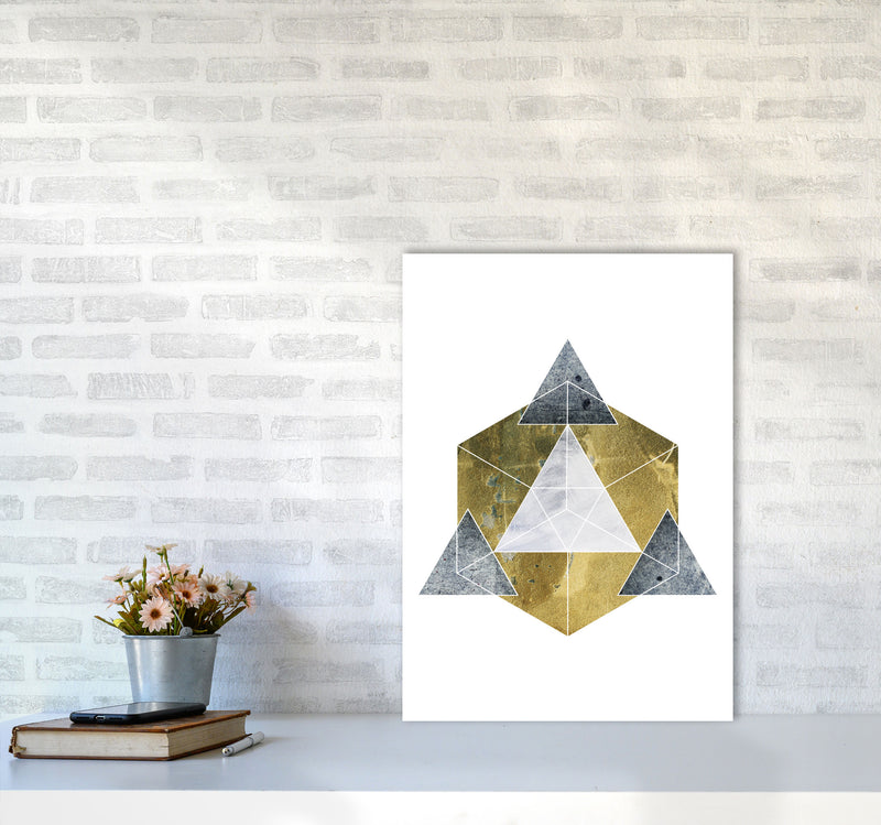 Gold Cube And Grey Geo Abstract Modern Print A2 Black Frame