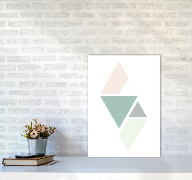 Peach, Green And Grey Abstract Triangles Modern Print A2 Black Frame