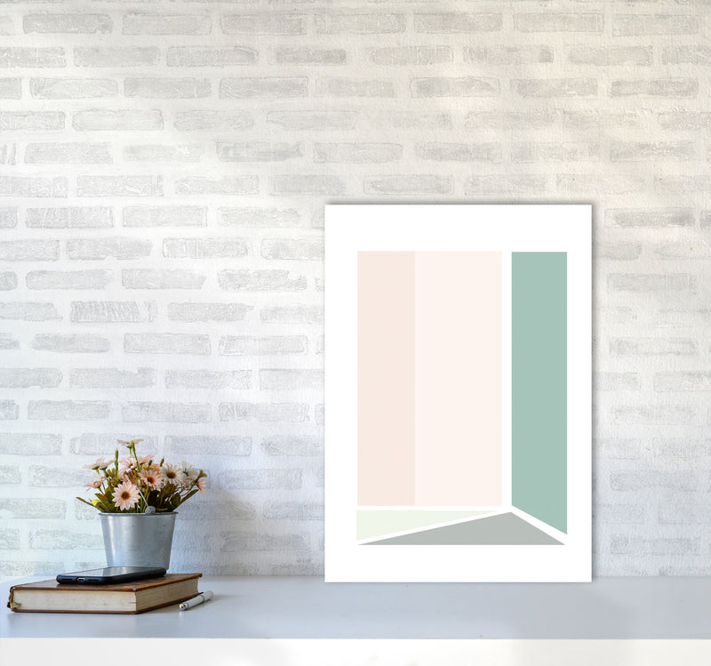 Peach, Green And Grey Abstract Rectangle Modern Print A2 Black Frame