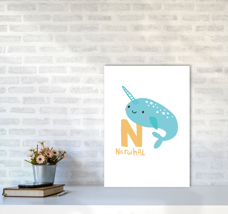Alphabet Animals, N Is For Narwhal Framed Nursey Wall Art Print A2 Black Frame