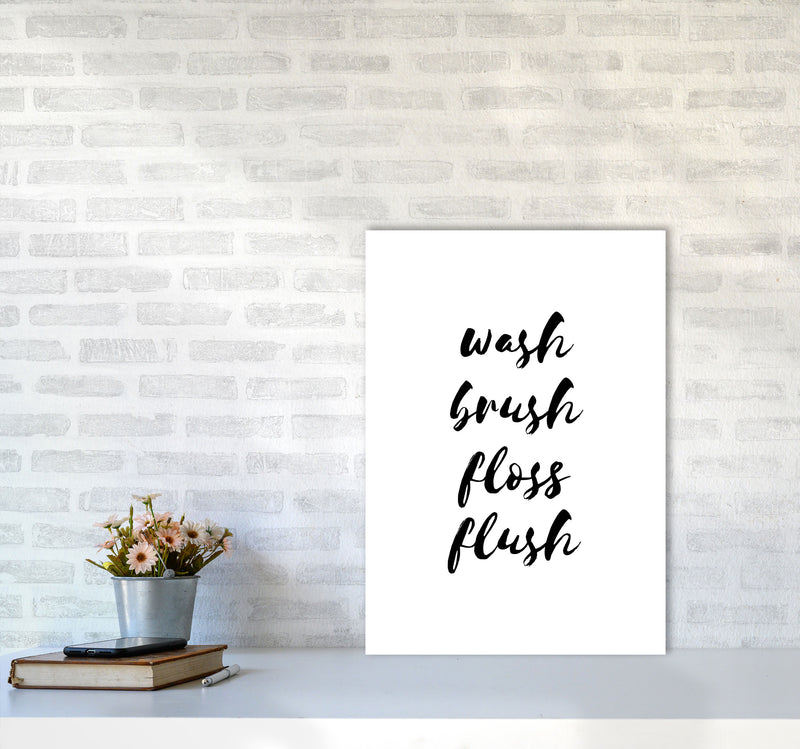 Wash Brush Floss Flush, Bathroom Modern Print, Framed Bathroom Wall Art A2 Black Frame