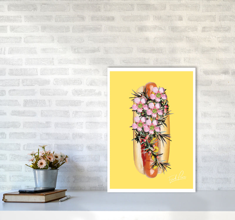 Yellow Hot Dog Food Print, Framed Kitchen Wall Art A2 Black Frame
