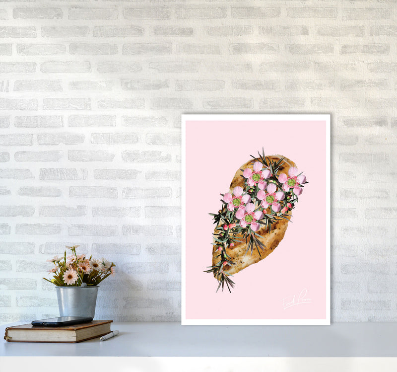 Pink Chicken Floral Food Print, Framed Kitchen Wall Art A2 Black Frame