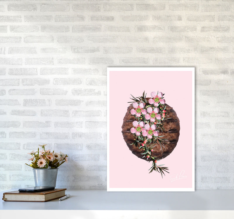Pink Burger Floral Food Print, Framed Kitchen Wall Art A2 Black Frame