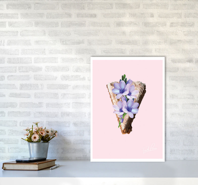 Pink Coffee Cake Floral Food Print, Framed Kitchen Wall Art A2 Black Frame