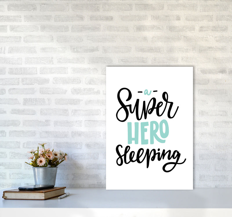 Superhero Sleeping Mint And Black Framed Nursey Wall Art Print A2 Black Frame